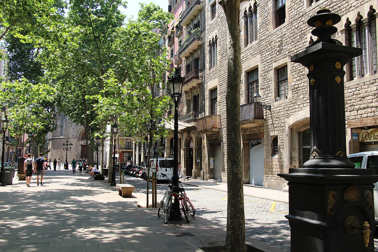 Il Passeig del Born, a El Born (Barcellona): un viale pedonale alberato con palazzi in pietra, lampioni e persone a passeggio in una giornata di sole